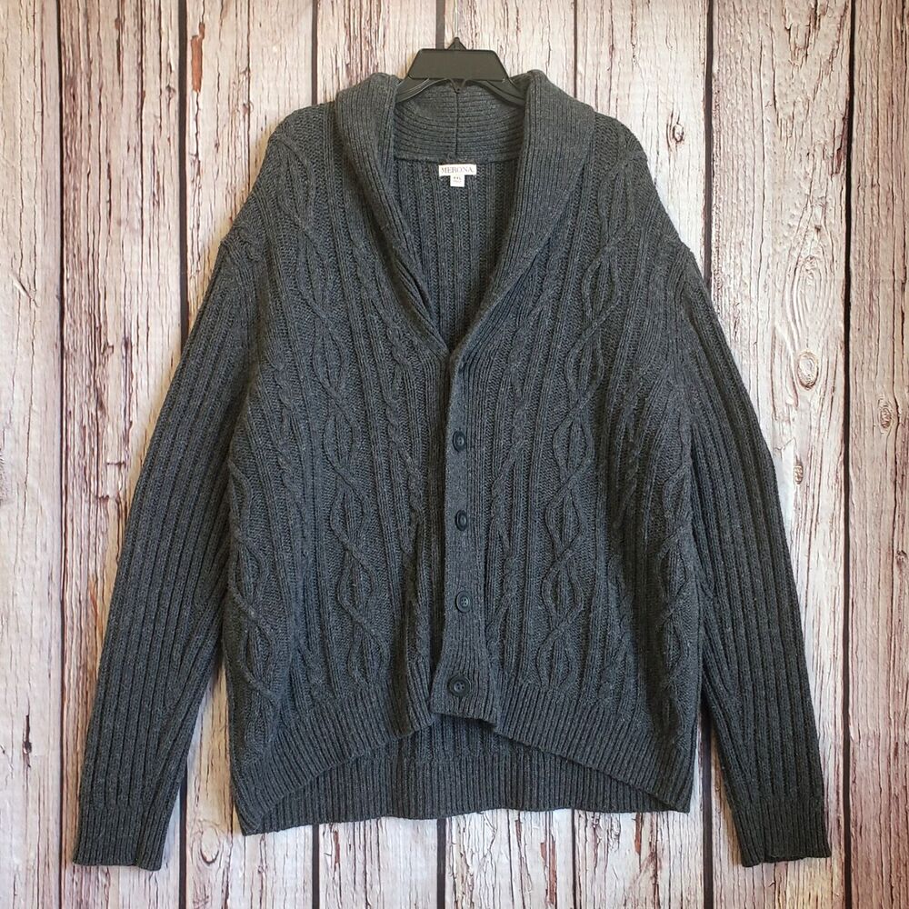 Merona XXL Shawl Collar Cardigan Sweater Fisherman Gray Button Men Wool Blend